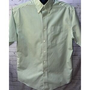LL Bean Mens Green Striped Short Sleeve Button Shirt Traditional Fit MED